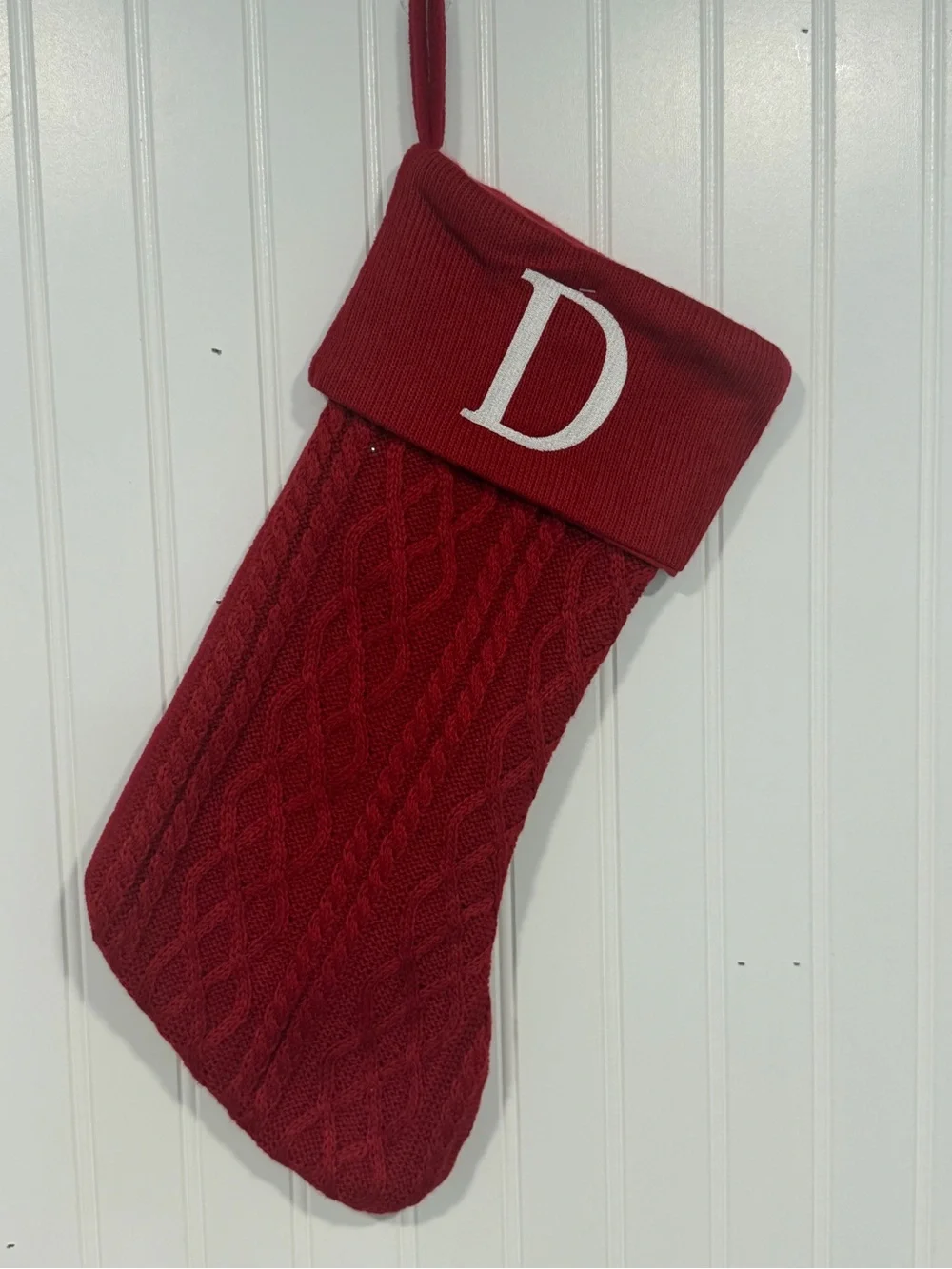 Monogram Red Cable-Knit Holiday Stocking - D Initial
